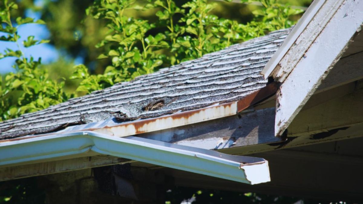 A sagging and damaged roof, emphasizing the roof's poor state.