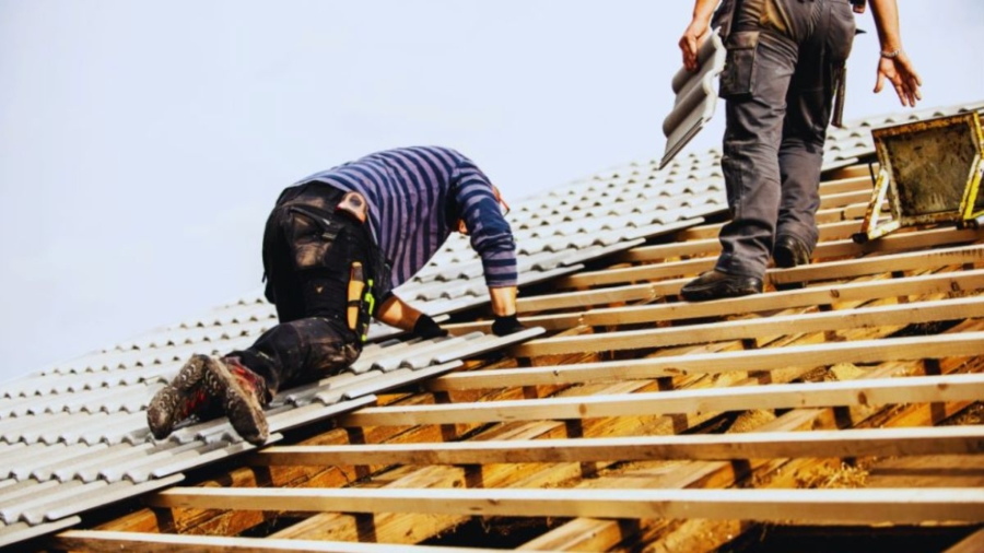 Two roofers are working on a sloped roof: one kneeling to secure corrugated metal panels, another standing with additional panels, and exposed roof framing beneath the new roofing material.