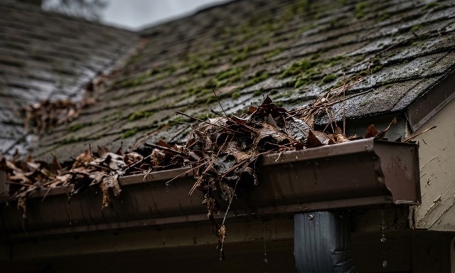 Close-up of clogged gutters with leaves and debris, illustrating a common sign that a roof needs professional maintenance.