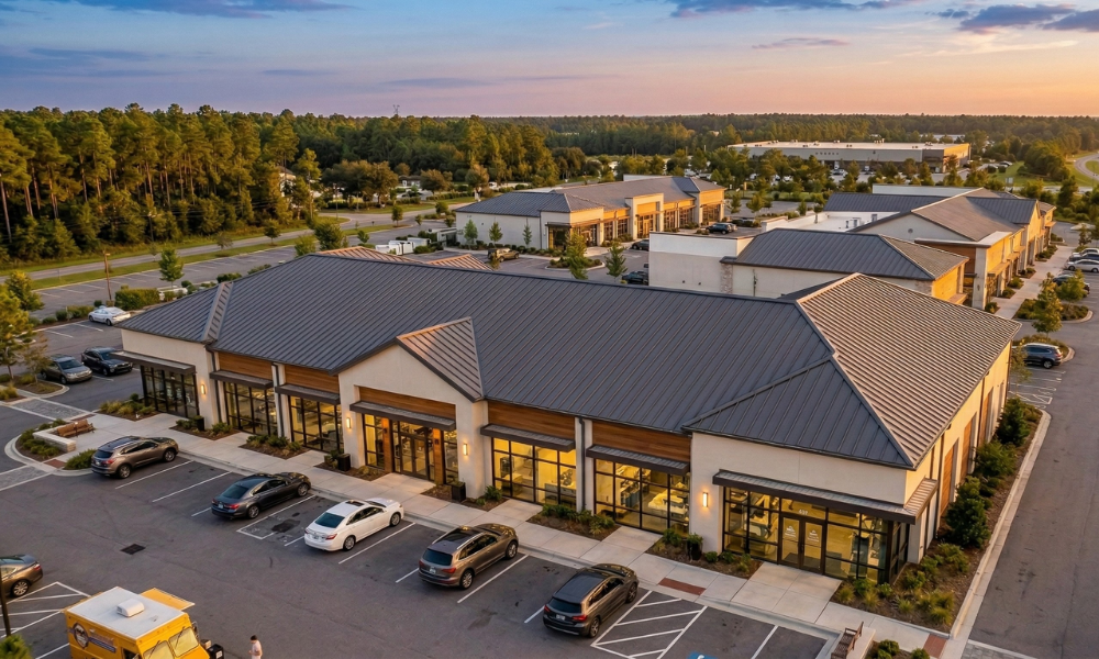 High-quality charcoal gray standing seam metal roof on a commercial building in Ridgeland, SC, showcased during golden hour with a professional finish.