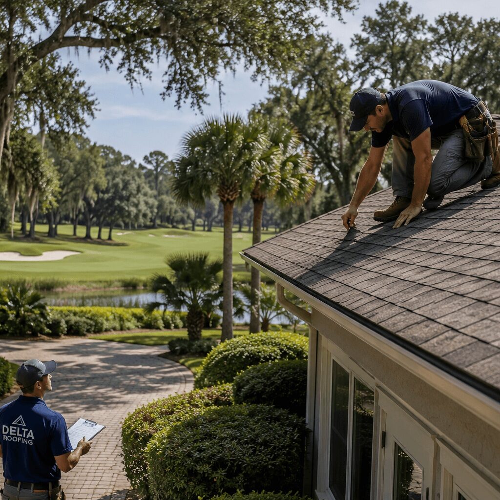 Roofing crew inspecting an asphalt shingle roof on an Indigo Run Plantation home in Hilton Head Island, SC.