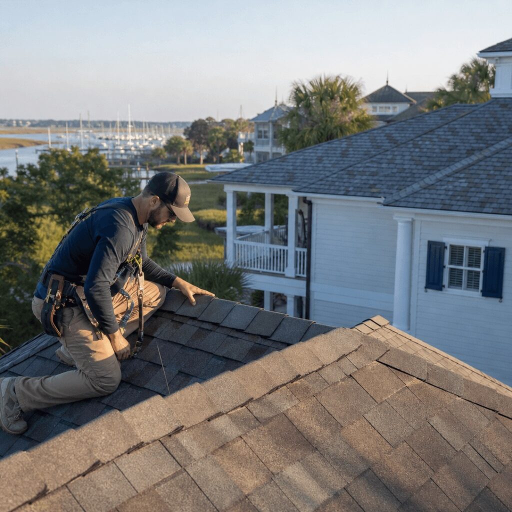 Roofer inspecting a shingle roof on a coastal home in Windmill Harbour, Hilton Head Island, with marina views in the background.