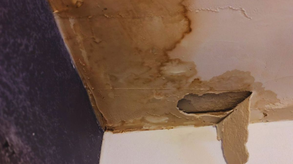 Water-stained ceiling corner with peeling drywall and visible hole from a severe roof leak.