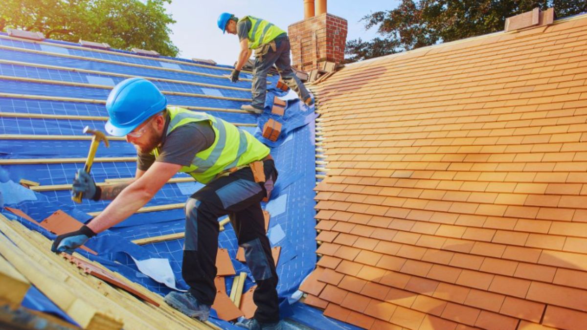 Professional roofing contractors installing a new shingle roof on a residential home, with workers wearing safety gear and replacing roofing materials during a roof replacement project.